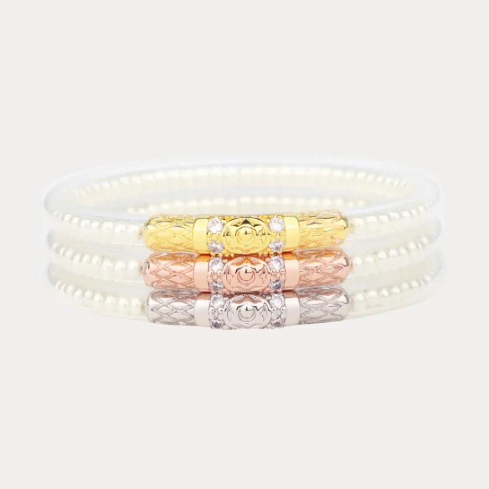 Budhagirl White Pearl Three Queens All Weather Bangles (Set of 3) NWT Large